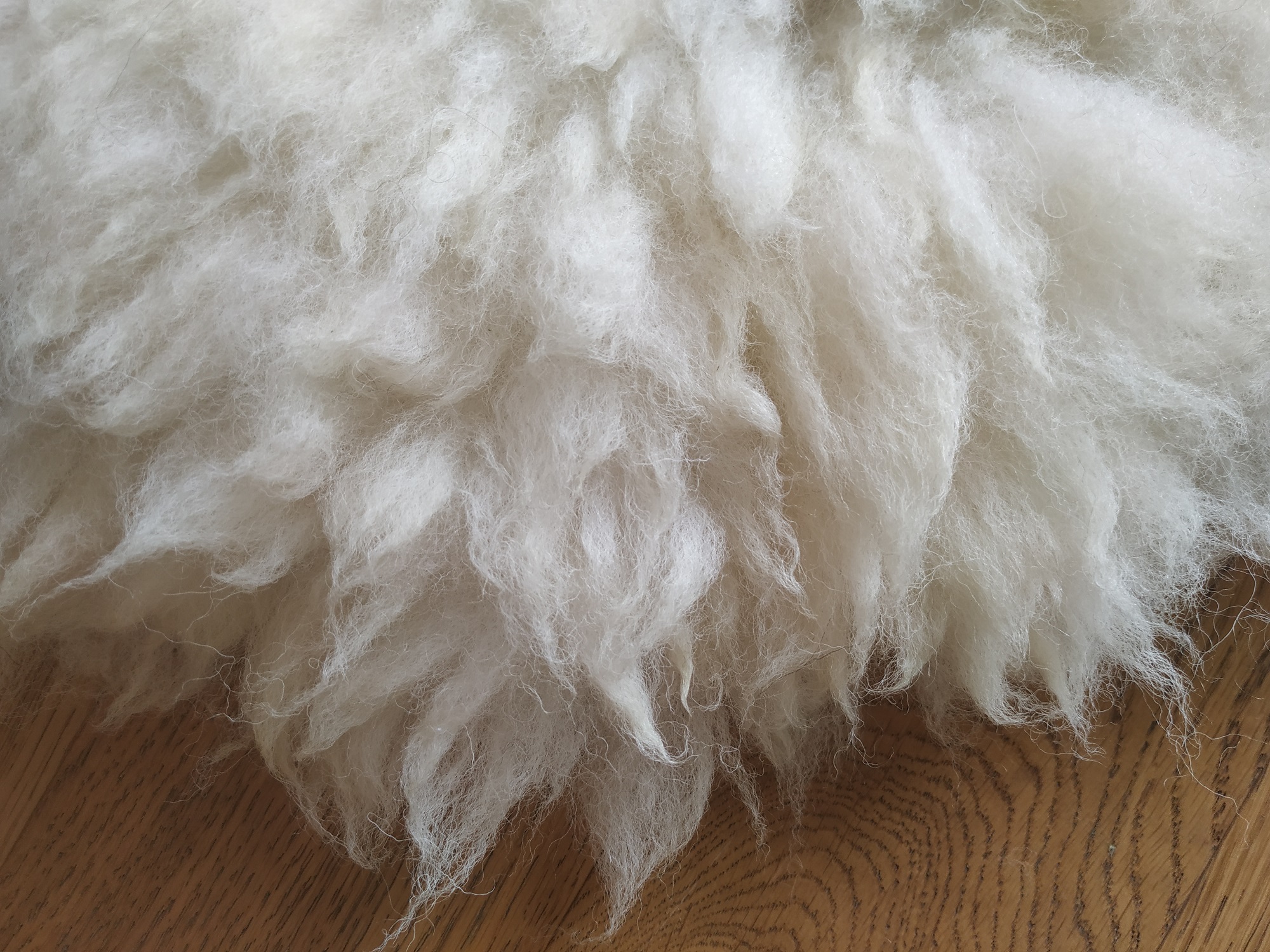 Felted-fleece, sheep-friendly “sheepskin” rug – natural cream – Texel x Herdwick fleece – 28” x 20” - Image 4