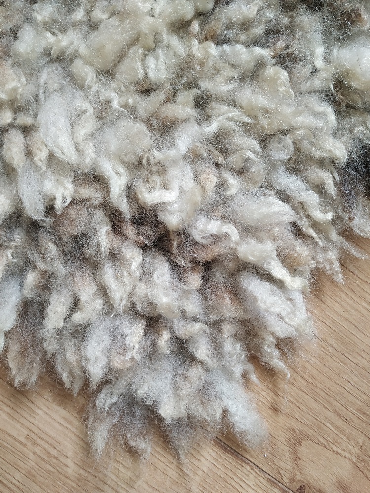 Homegrown, felted-fleece, sheep-friendly “sheepskin” pram liner/baby mat – natural beige, cream, grey – Coloured Ryeland fleece provided by Sky– 32” x 15” - Image 4